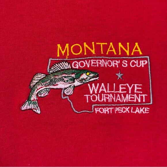 Hanes, Montana Governor's Cup Walleye Red Embroidered T-Shirt. Size 2XL - Picture 2 of 5